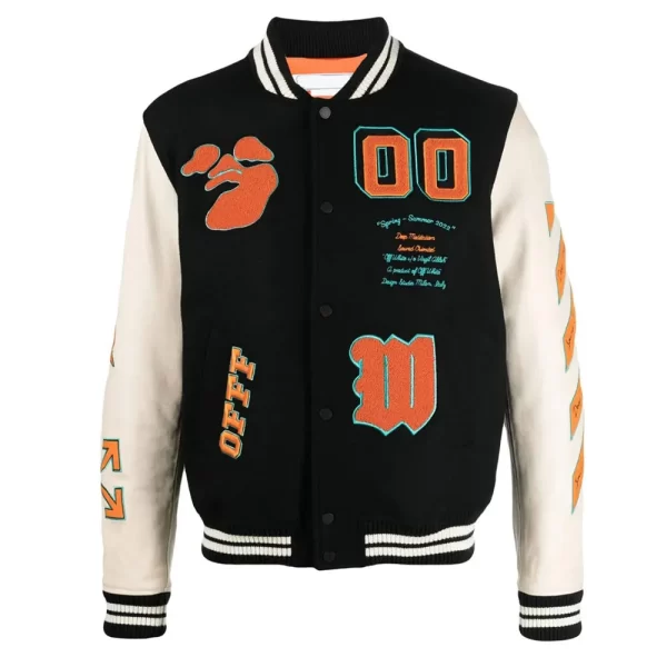 Black and Orange Off White Graphics Wool Varsity Jacket