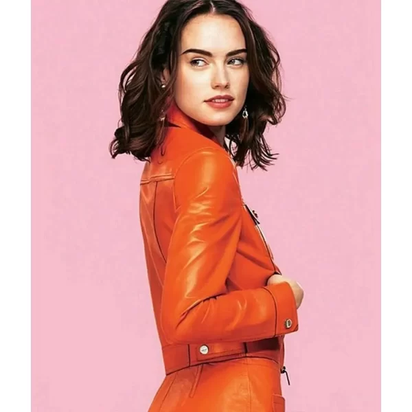 Daisy Ridley Orange Leather Full-Zip Jacket