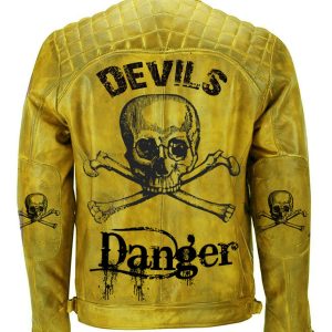 Devil Skull Vintage Biker Motorcycle Distressed Yelow Leather Jacket