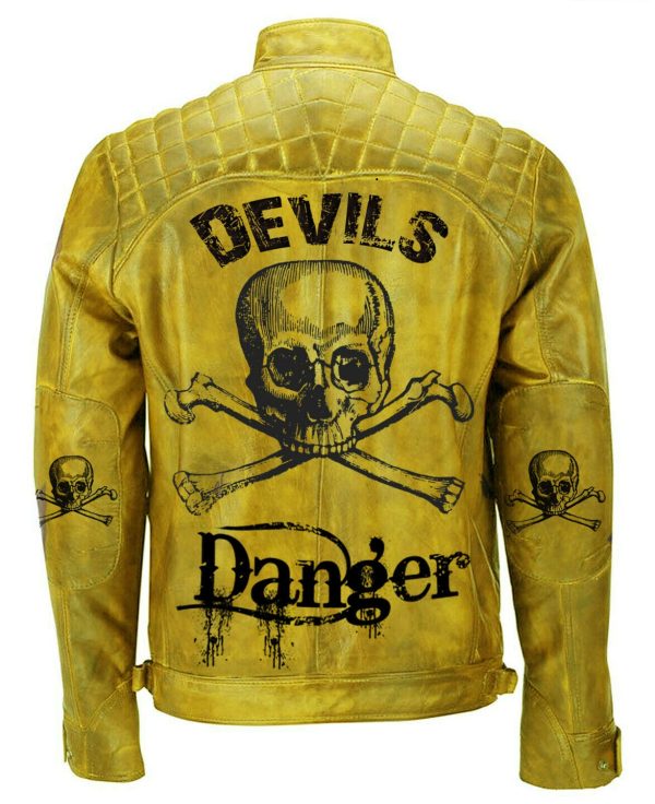 Devil Skull Vintage Biker Motorcycle Distressed Yelow Leather Jacket