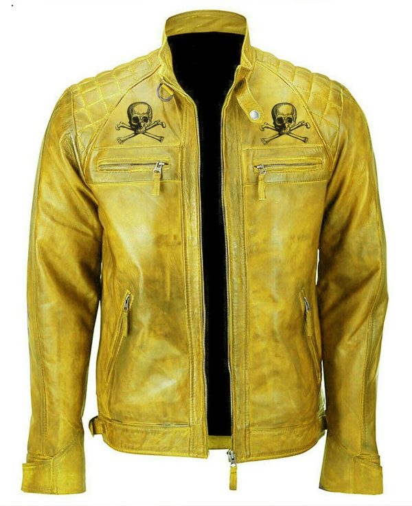 Men’s Devil Skull Vintage Biker Motorcycle Distressed Yelow Leather Jacket