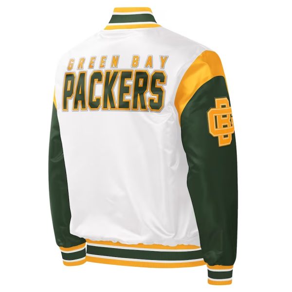 Men's Green Bay Packers Starter White Throwback Warm Up Pitch Satin Full-Snap Varsity Jacket