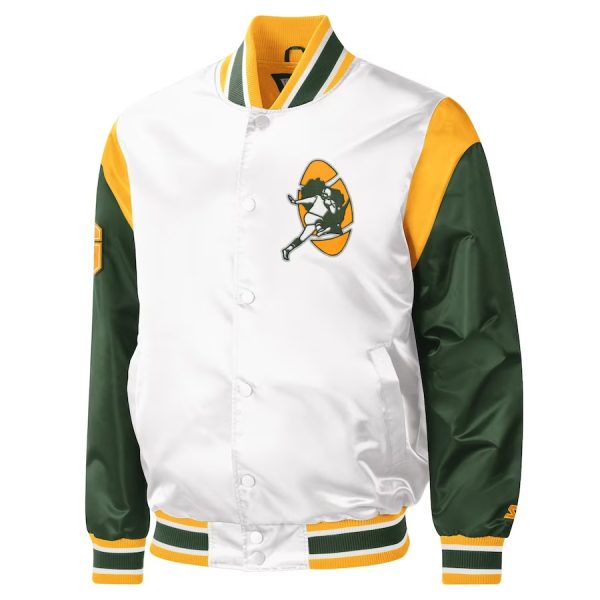 Men's Green Bay Packers Starter White Throwback Warm Up Pitch Satin Varsity Jacket