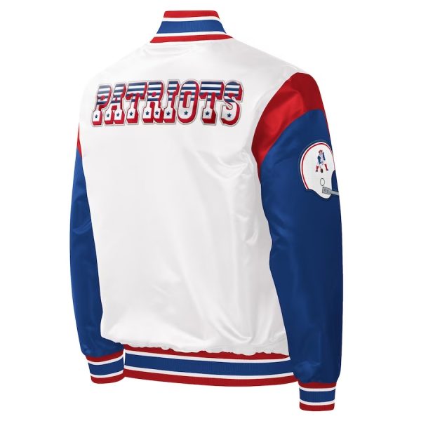 Men's Starter White New England Patriots Throwback Warm Up Pitch Satin Varsity Jacket