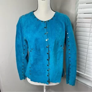 Patricia Wolf Cyan Blue Studded Leather Suede Jacket