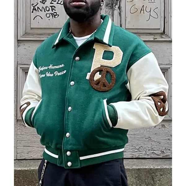 Peaceful People Green Varsity Wool & Leather Jacket