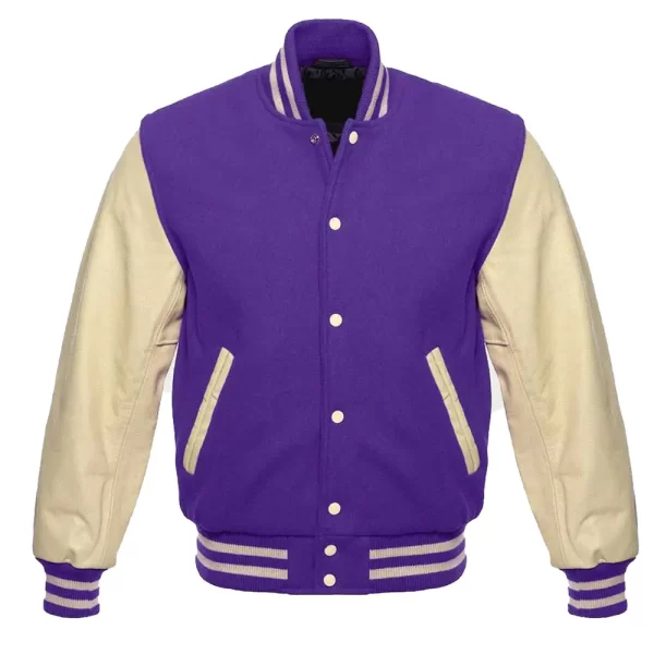 Purple and Cream Varsity Wool and Leather Jacket