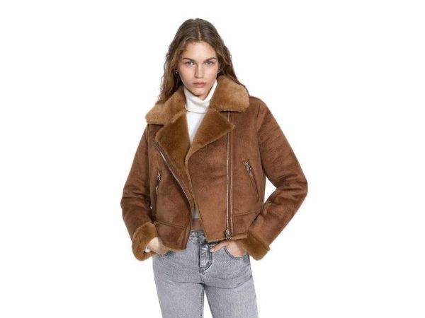 Women Brown Suede Shearling Flight Biker Motorcycle Jacket