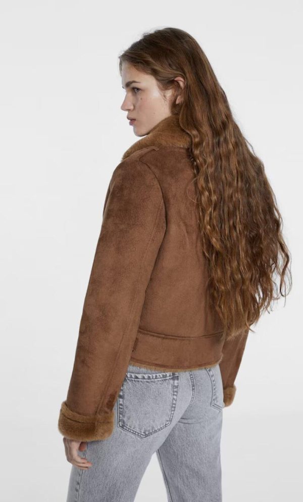 Women Brown Suede Shearling Flight Biker Motorcycle Jackets