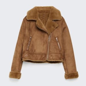 Women Shearling Flight Biker Motorcycle Fur Brown Suede Leather Jacket