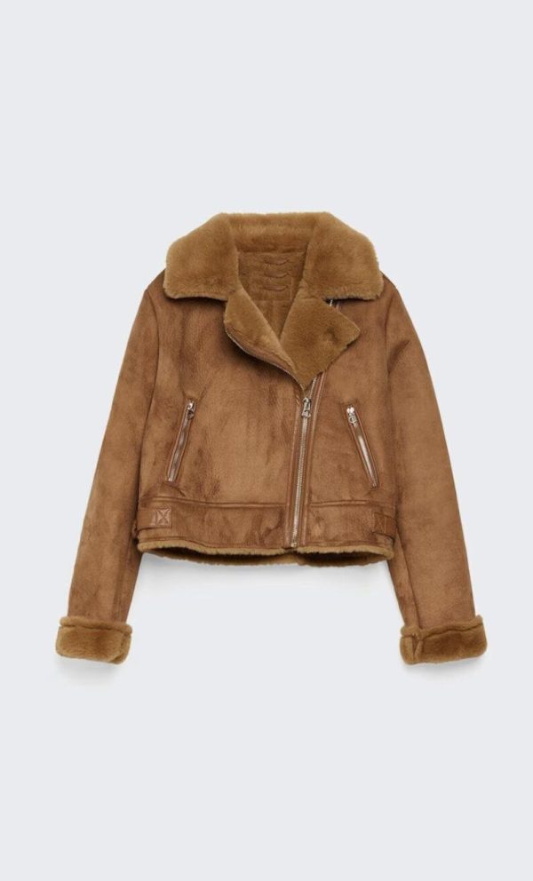 Women Shearling Flight Biker Motorcycle Fur Brown Suede Leather Jacket