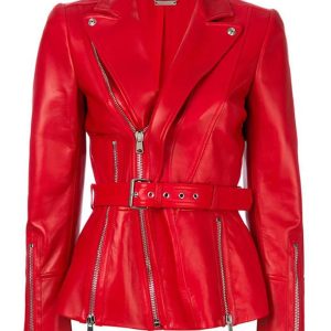 Women’s Belted Red Real Leather Jacket