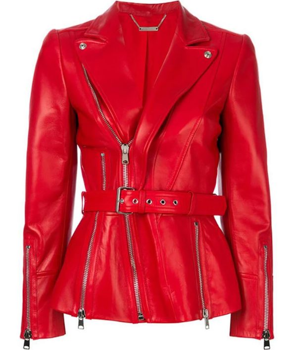 Women’s Belted Red Real Leather Jacket