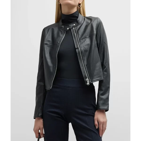 Women’s Black Cropped Leather Like Moto Jacket