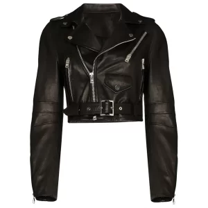 Women’s Black Lambskin Biker Cropped Leather Jacket