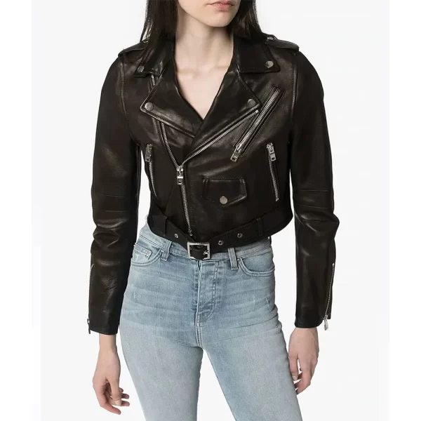 Women’s Cropped Black Biker Lambskin Leather Jacket