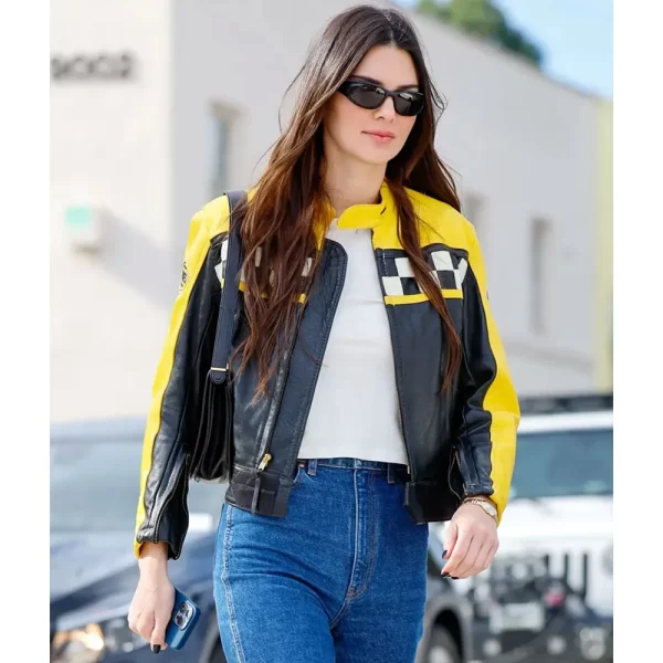 Aspen Trip Kendall Jenner Cafe Racer Yellow and Black Leather Jacket