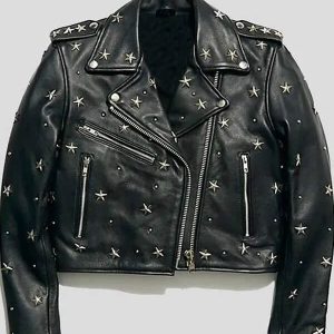 Black Star Studded Cropped Biker Leather Jacket