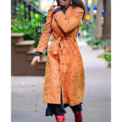 Emily Ratajkowski Orange Trench Leather Coat