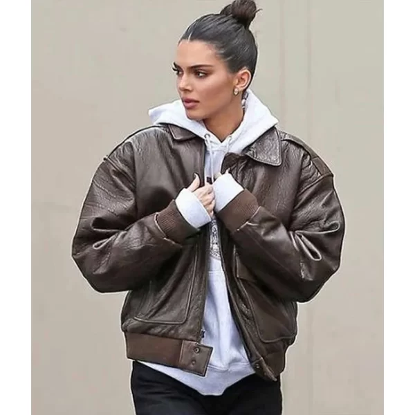 Kendall Jenner Bomber Brown Leather Full-Zip Jacket