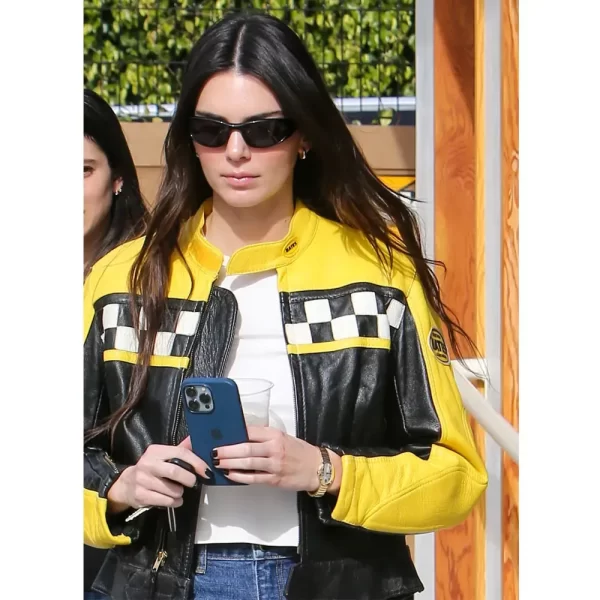 Kendall Jenner Race Flag Cafe Racer Leather Jacket