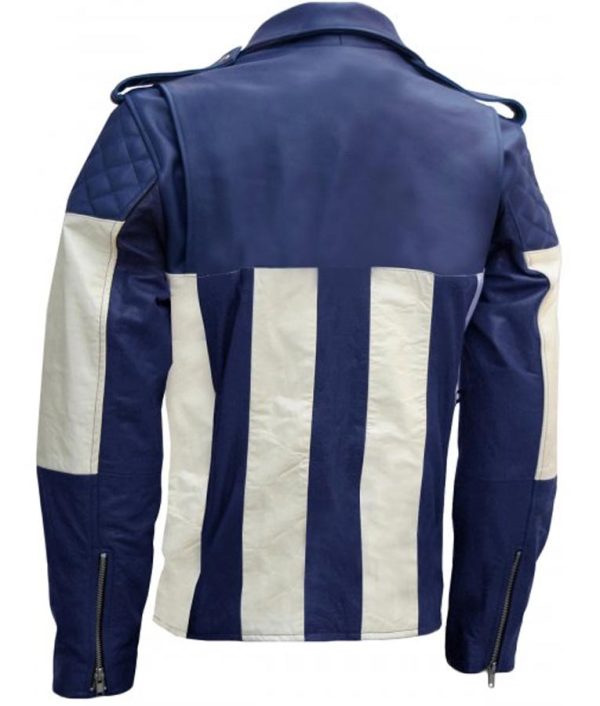 Mens Blue and White Motorcycle Padded Shoulders Leather Jacket