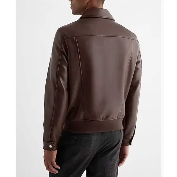 Men’s Bomber Shirt Collar Brown Faux Leather Jacket