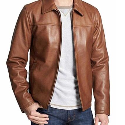 Mens Brown Casual Shirt Collar Leather Jacket