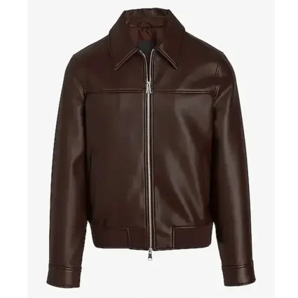 Men’s Brown Shirt Collar Faux Brown Leather Jacket