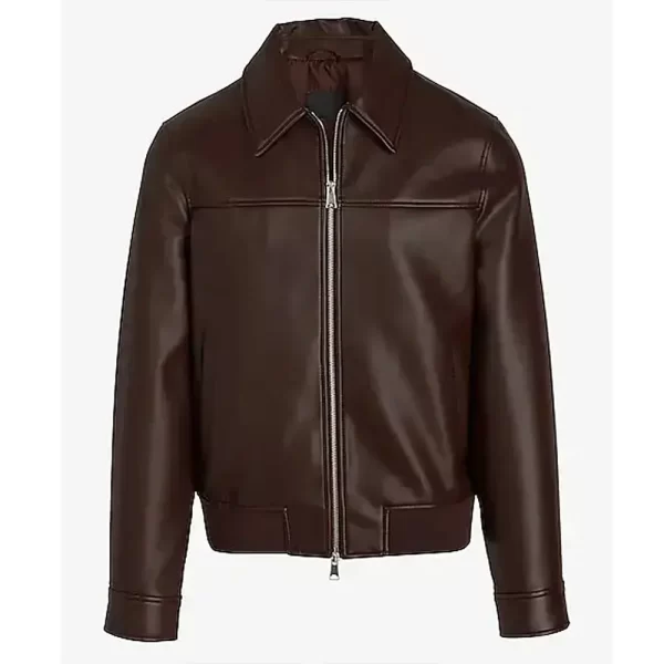 Men’s Brown Shirt Collar Faux Brown Leather Jacket