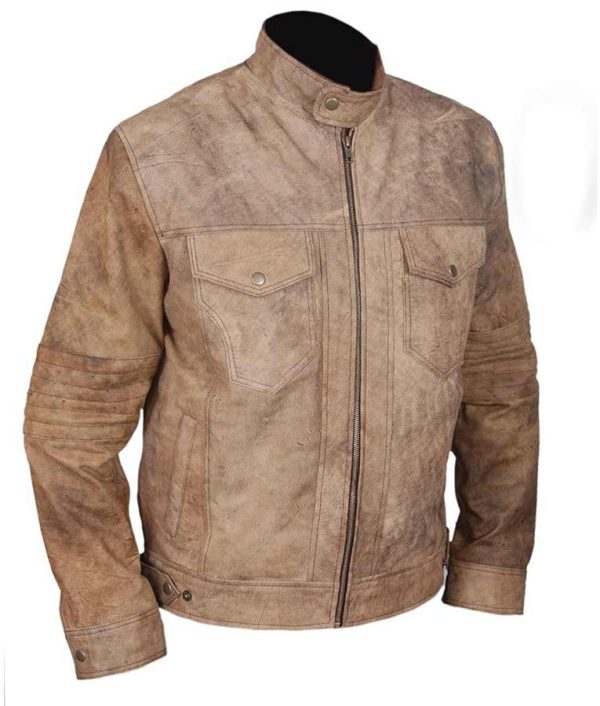 Mens Distressed Khakhi Leather Vintage Café Racer Biker Jacket