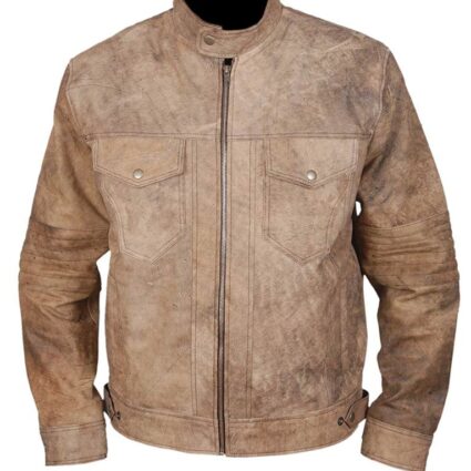 Mens Khakhi Distressed Vintage Café Racer Leather Jacket