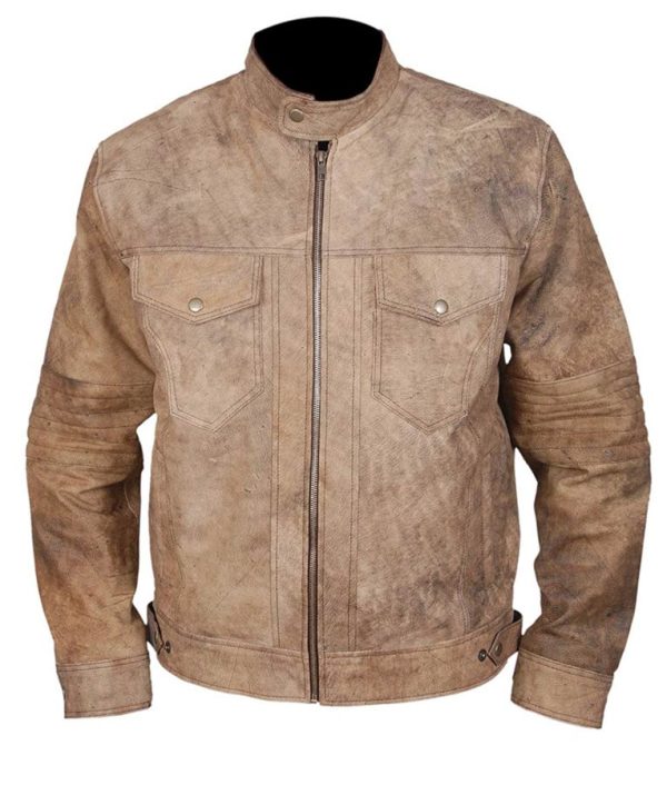 Mens Khakhi Distressed Vintage Café Racer Leather Jacket