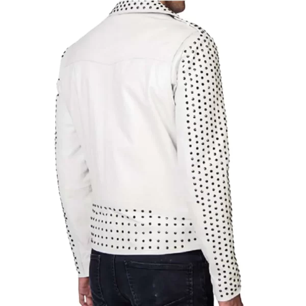 Mens Silver Studded Cowhide Biker Leather White Jacket
