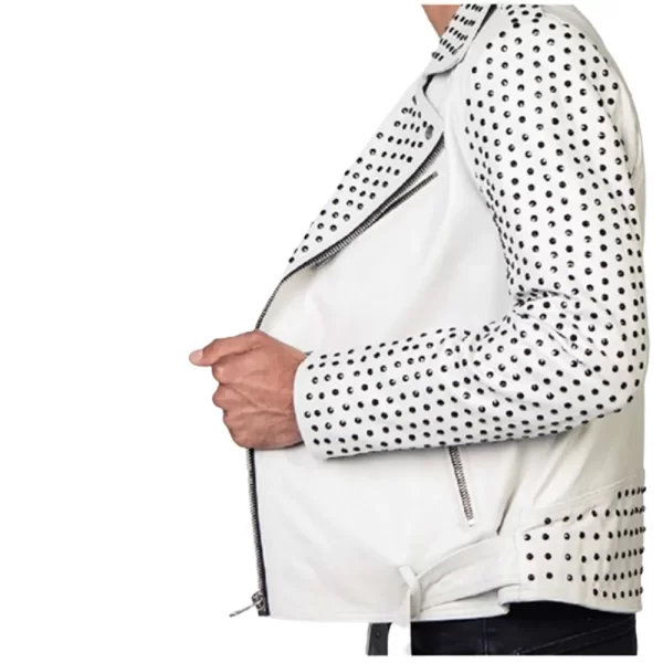 Mens Silver Studded Cowhide Biker White Leather Jacket