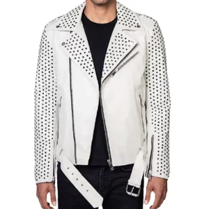 Mens Silver Studded Cowhide White Biker Leather Jacket