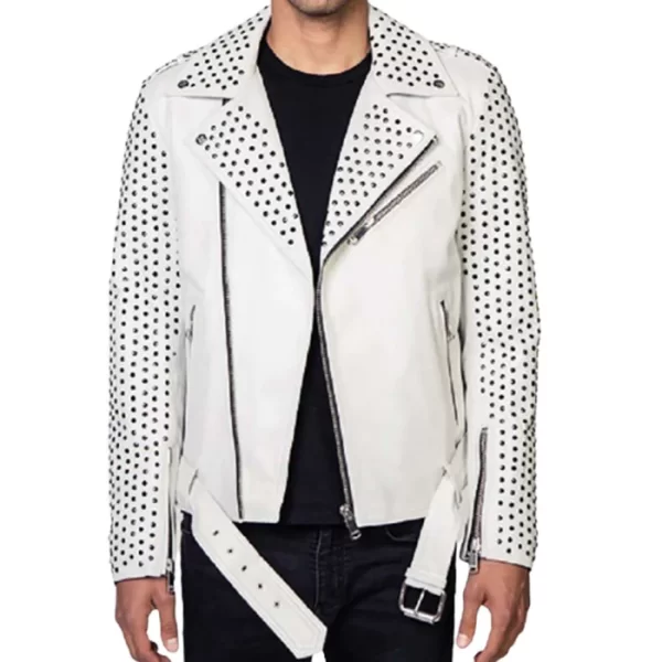 Mens Silver Studded Cowhide White Biker Leather Jacket