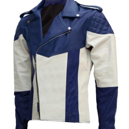 Mens White & Blue Motorcycle Leather Jacket