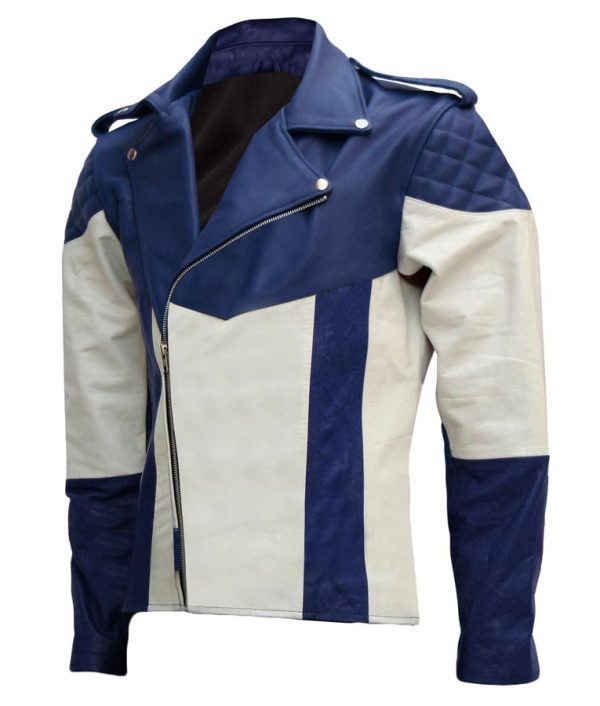 Mens White & Blue Motorcycle Leather Jacket