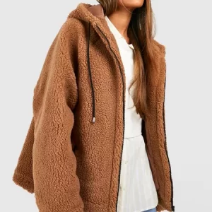 Oversized Contrast Detail Teddy Coat Jacket