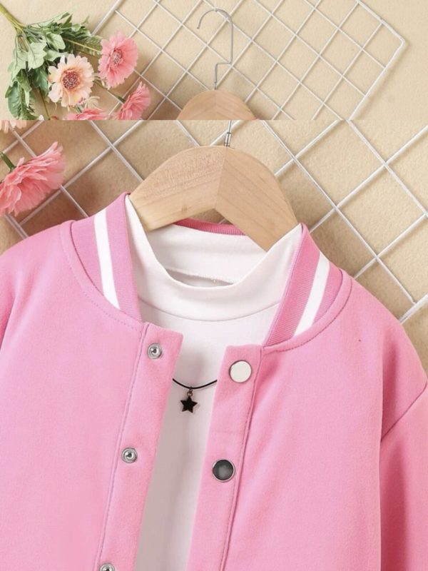 Pink Girls Slogan Pattern Striped Trim Varsity Wool Jacket