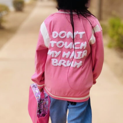 Pink Girls Slogan Pattern Striped Trim Wool Varsity Jacket