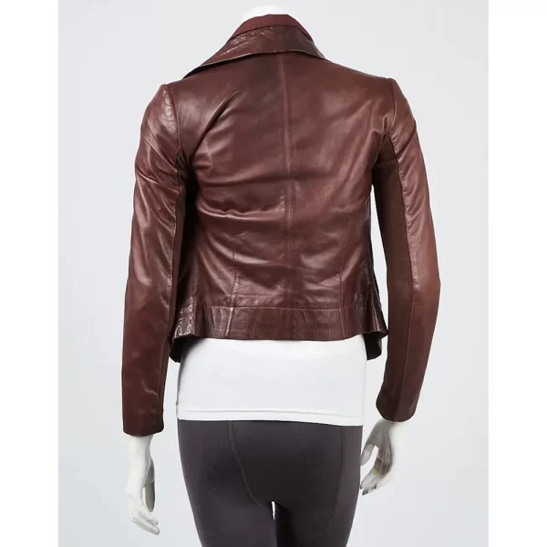 Poppy Montgomery Unforgettable S03 Carrie Wells Burgundy Leather Moto Jacket