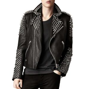 Punk Men Studded Silver Spikes Black Leather Jacket