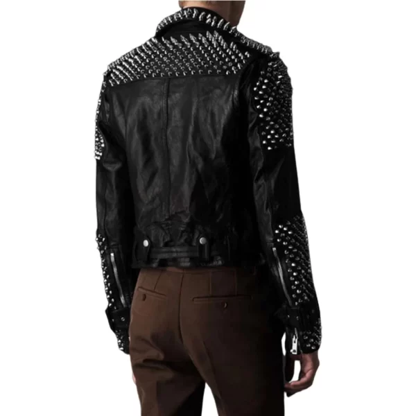 Punk Men Studded Silver Spikes Genuine Leather Jacket