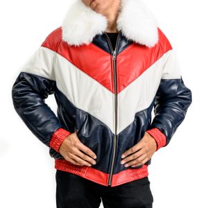 Red and White V Bomber Leather Fur Jacket