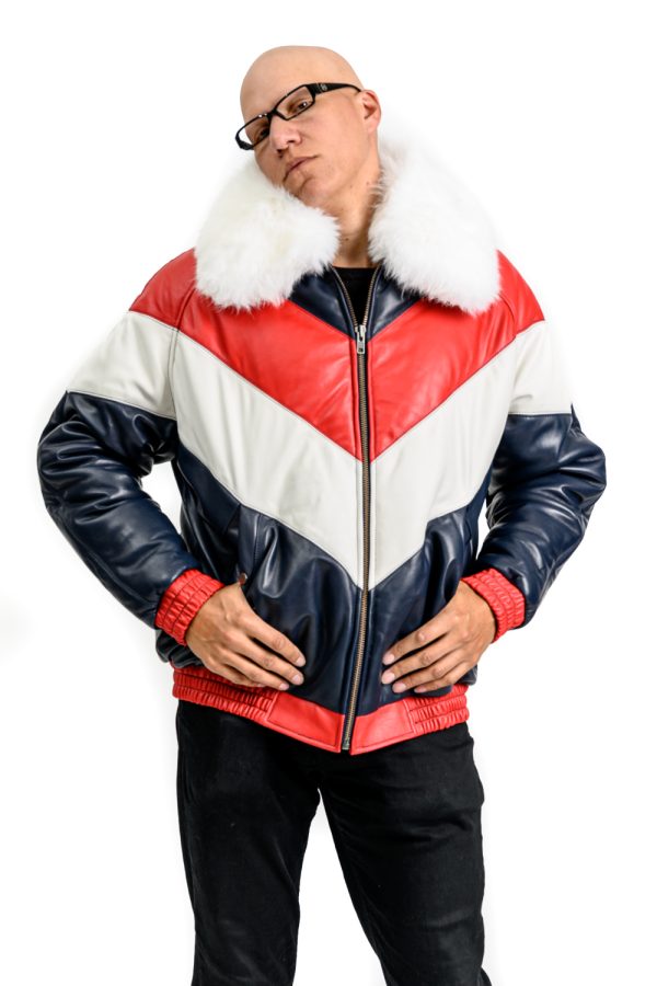 Red and White V Bomber Leather Fur Jacket