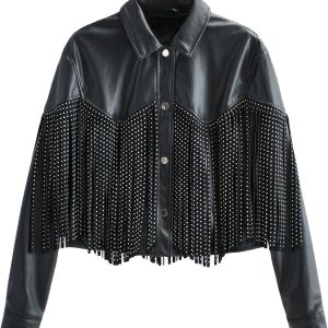 Tassel Rivet Outfit Moto Biker Loose Fashion Fringe Black Leather Jacket