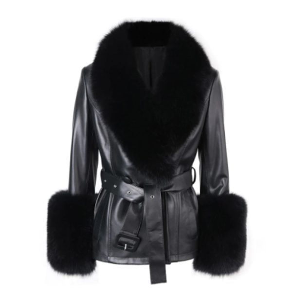 Women Fur Foxy Sheepskin Black Leather Short Coat