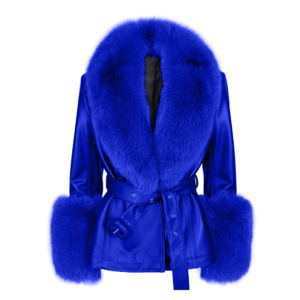 Women Fur Foxy Sheepskin Blue Leather Short Coat